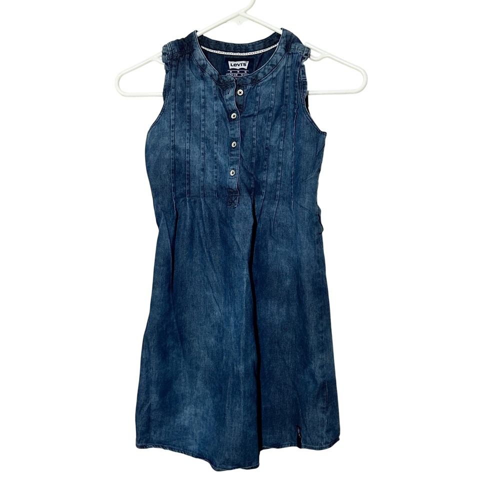 Levis Girls Medium Wash Denim Sleeveless Pintuck Pleated Dress Size M‎ 10-12